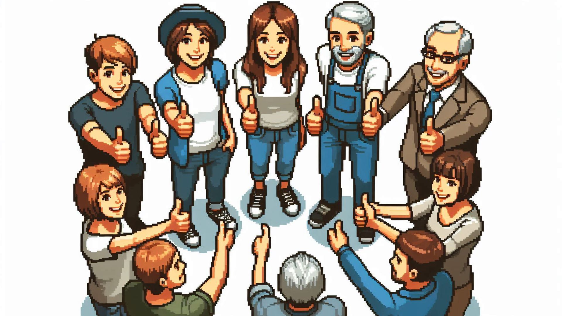 A group of pixeled people forming a circle with their thumbs up representing The Phenomenon of Social Validation