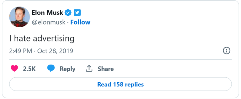 An old tweet from Elon Musk about how he feels about advertising.