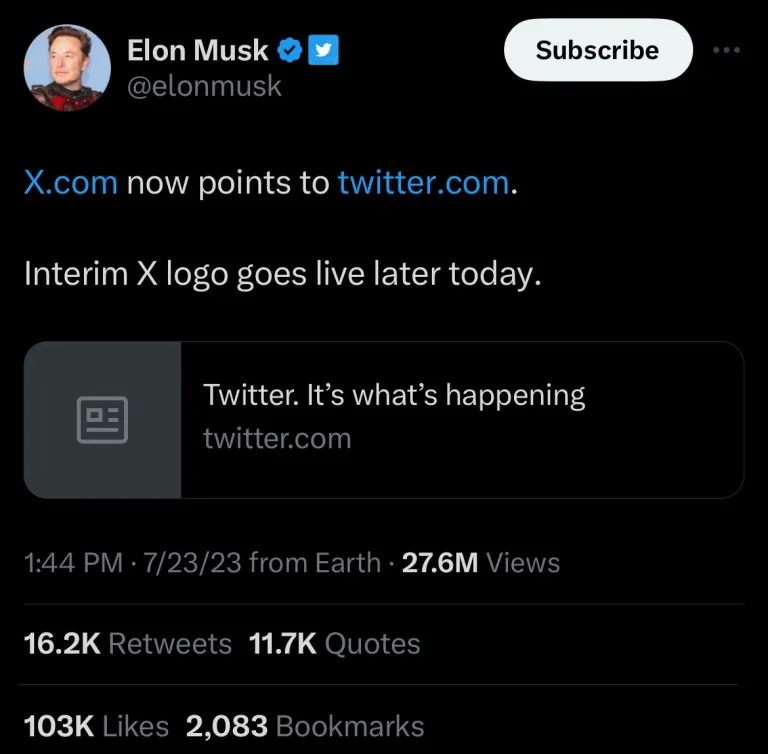 A screenshot from a Tweet confirming the change from twitter.com to x.com