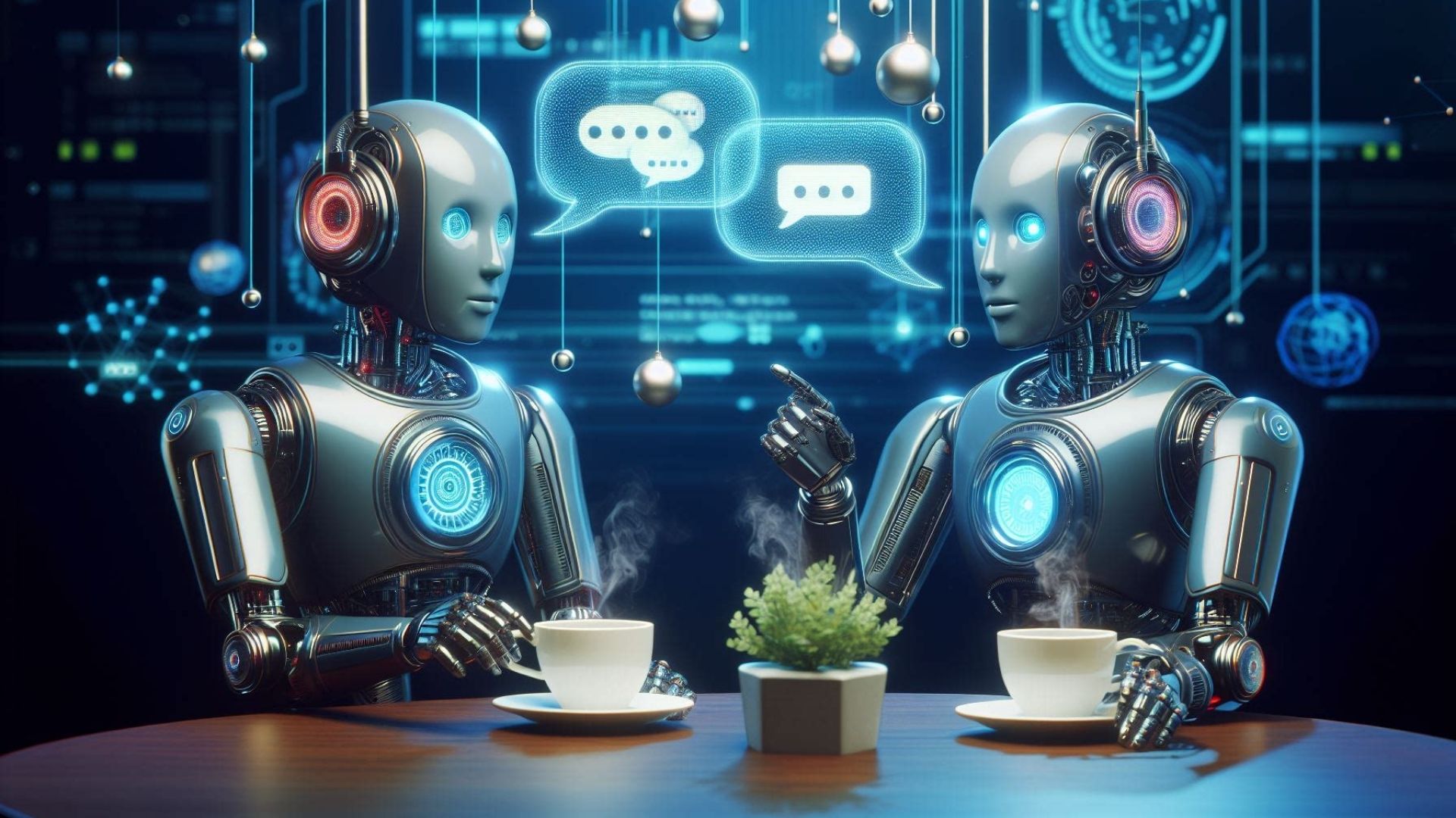 Two Robots having a conversation over coffee