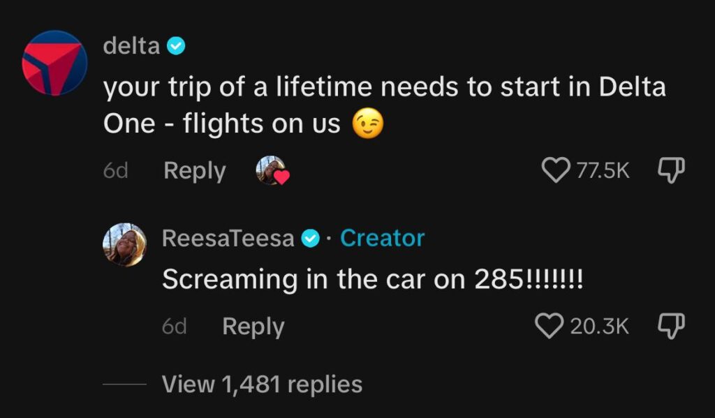 A screenshot from a TikTok Comment from Delta Airlines into Reesa Teesa's Video. The comment reads: "your trip of a lifetime needs to start in Delta One - flights on us" with a winky face at the end. The screenshot shows too Reesa's response that reads: "Screaming in the car on 285!!!!"