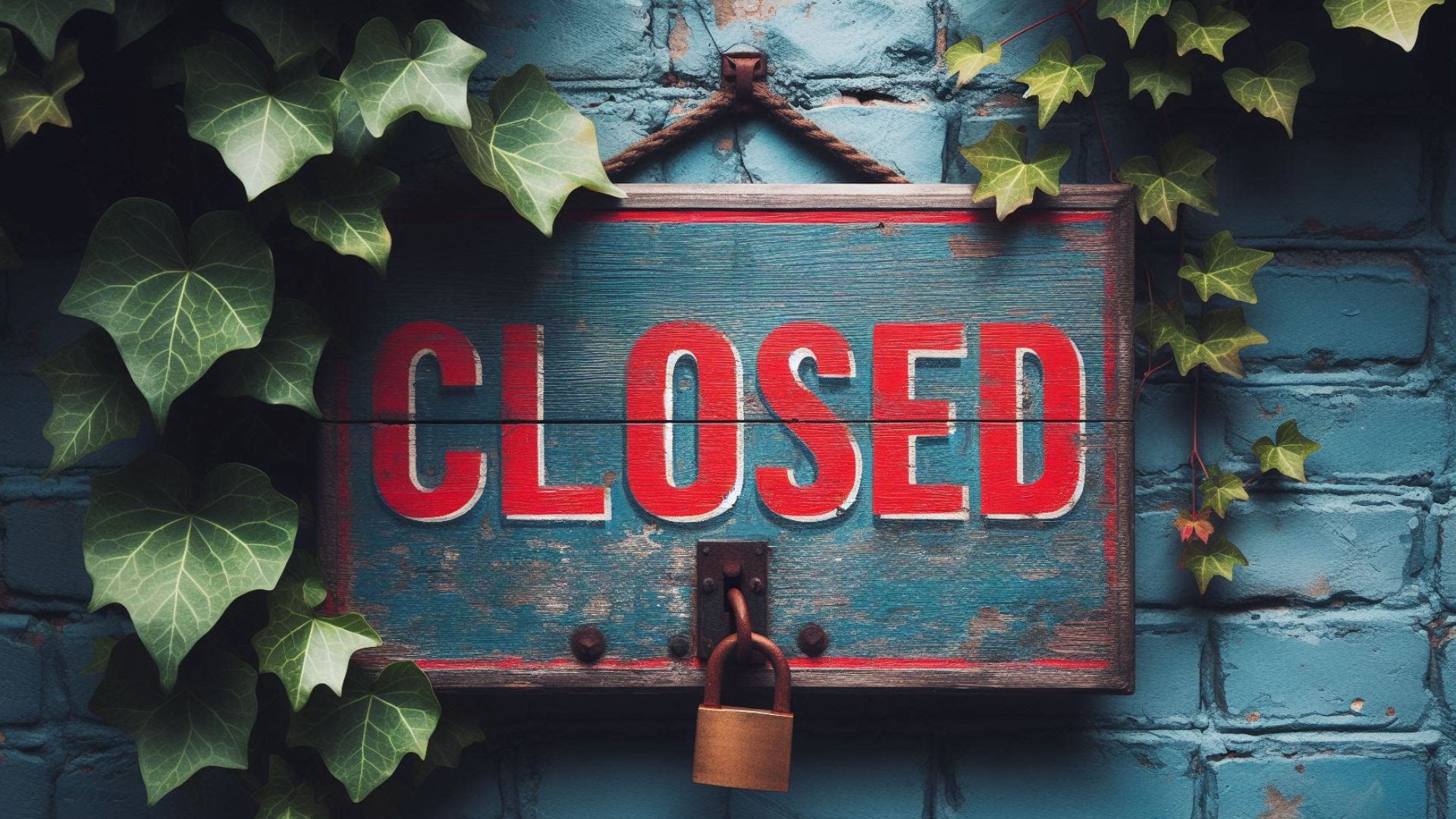 An Image of a closed sign on a wall. Leaves are growing around it and there is a lock at the bottom of the sign.