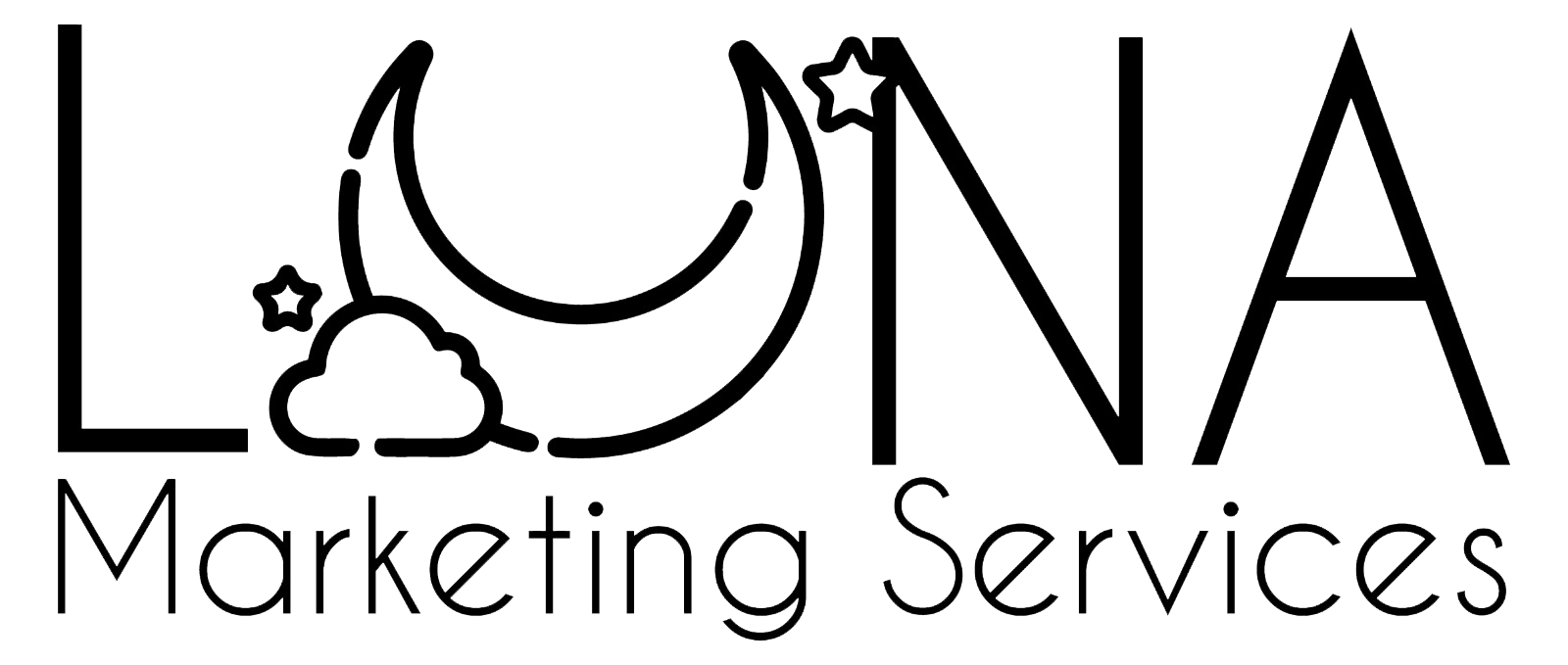 The words "Luna Marketing Services" in black. The letter U is shaped as a moon with a cloud on the bottom left corner and a little star above the cloud and a star on the top right corner, almost on top of the N