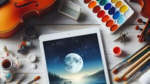 A Tablet, surrounded by art supply and musical instruments