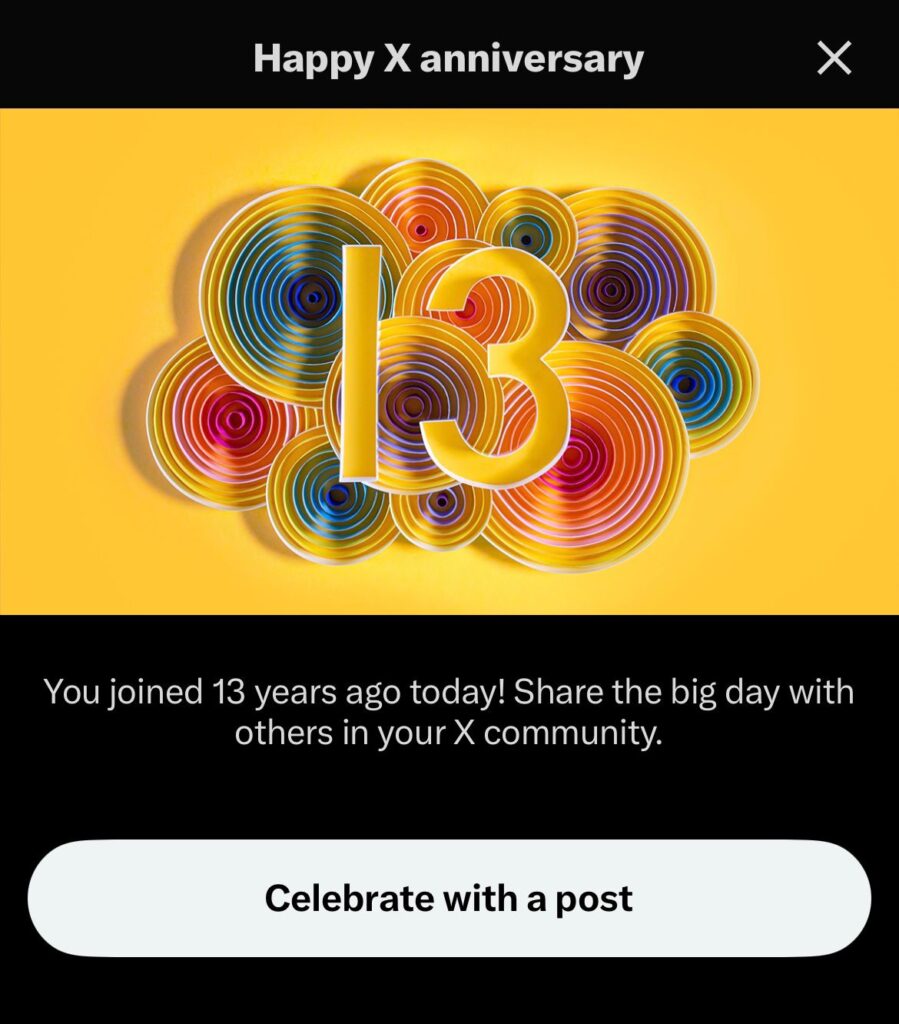 A screenshot from an anniversary notification from the Social Media X (Formerly Twitter)