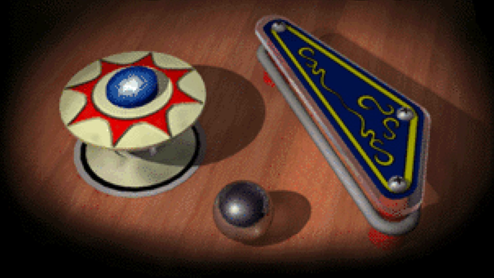 An image of a pinball bumper, flipper and ball from the old Space Cadet Pinball Game