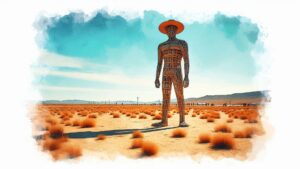 A big sculpture of a guy in the desert, representing Burning Man.