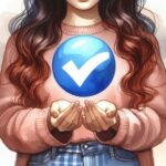 A girl holding a blue checkmark icon on her hands