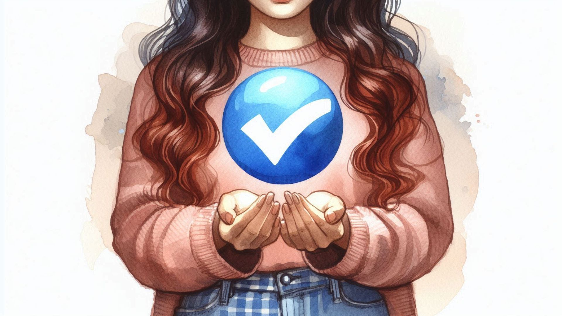 A girl holding a blue checkmark icon on her hands