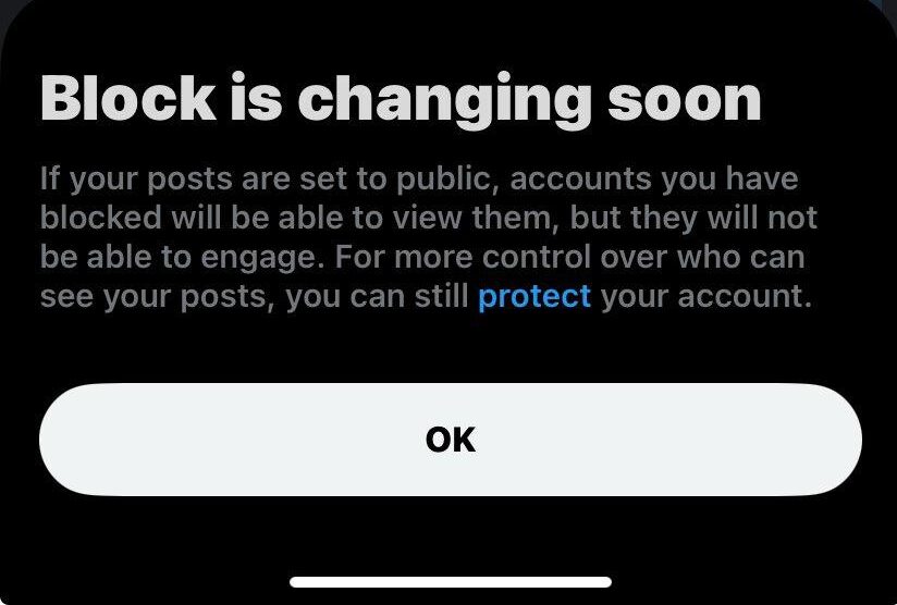 A Screenshot from a Twitter/X Notification about the blocking feature changes.