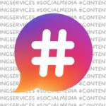 A bunch of semi-transparent hashtags as background with a text bubble in the middle of the image with the hashtag symbol in the middle. The bubble is the same gradient as the current Instagram Logo.