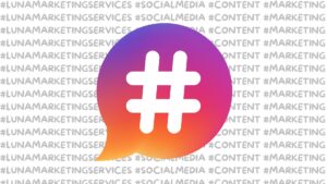 A bunch of semi-transparent hashtags as background with a text bubble in the middle of the image with the hashtag symbol in the middle. The bubble is the same gradient as the current Instagram Logo.