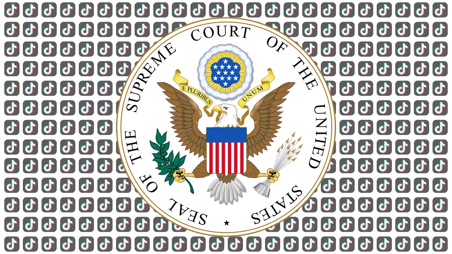 A background composed of a lot of little TikTok logos with a big emblem of the supreme court of the United States on top of them, representing the final step on the TikTok Ban