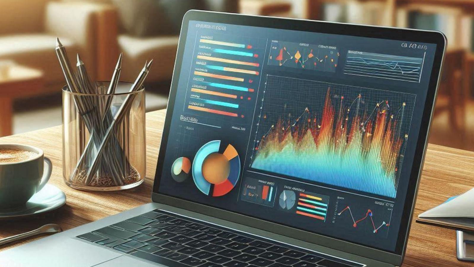 A Laptop on top of a desk, showing some performance metrics. The image represents the Power of Performance and how tracking the right data can bring you success.