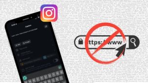 A phone showing an Instagram Caption being written. The caption contains a link. This represents the fact that the links in captions on Instagram are not a good idea.