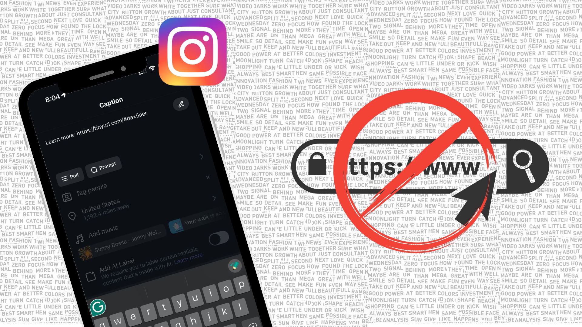 A phone showing an Instagram Caption being written. The caption contains a link. This represents the fact that the links in captions on Instagram are not a good idea.