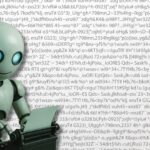 A robot typing on a typewriter. The whole background of the image is a bunch of characters that do not really form any words. This is to represent how AI is now writing content.