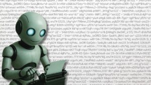 A robot typing on a typewriter. The whole background of the image is a bunch of characters that do not really form any words. This is to represent how AI is now writing content.
