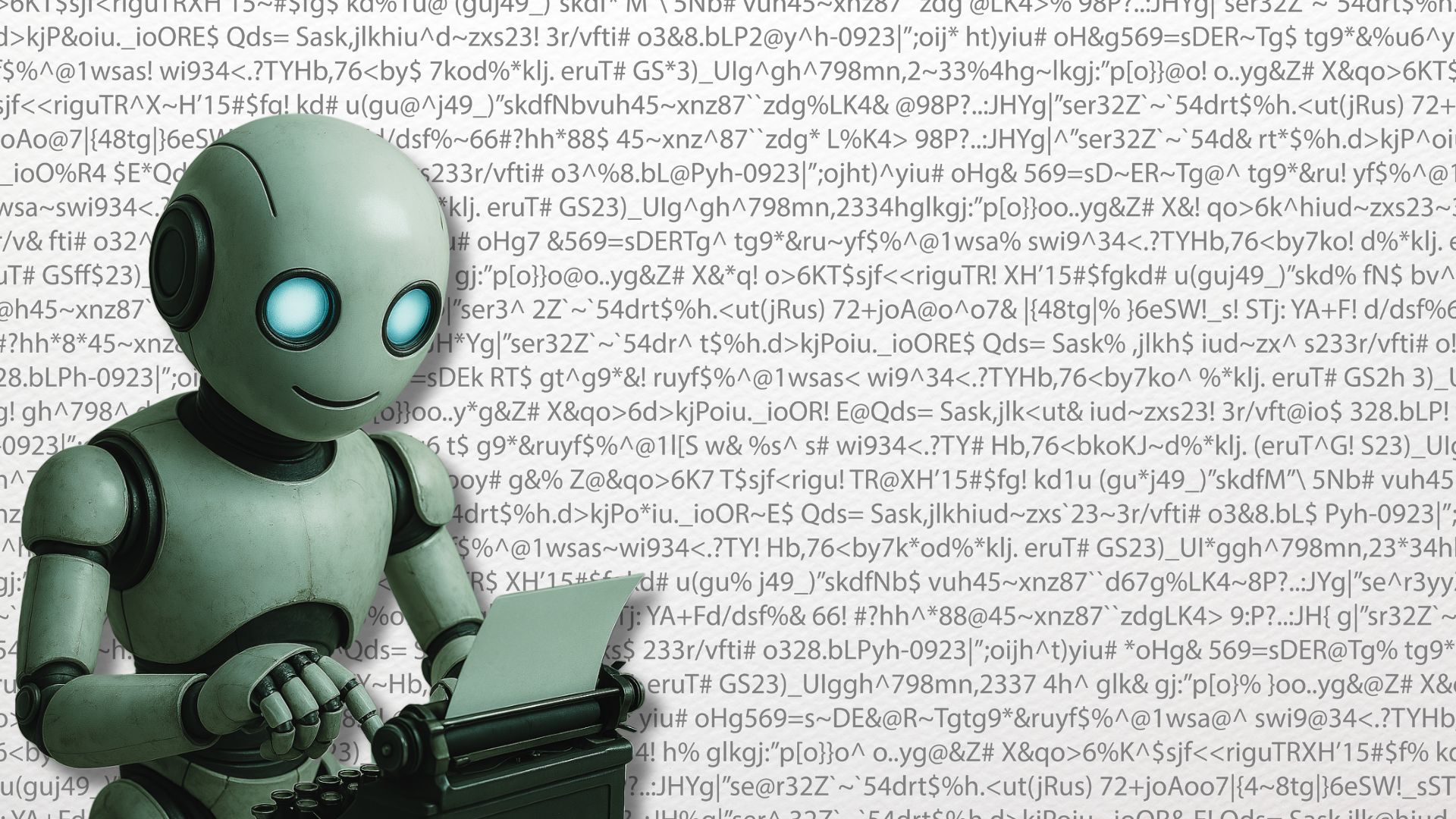 A robot typing on a typewriter. The whole background of the image is a bunch of characters that do not really form any words. This is to represent how AI is now writing content.