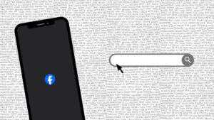 A phone with the FB loading screen on the left side. On the right side, centered is a search bar, like the ones you use to write a URL.