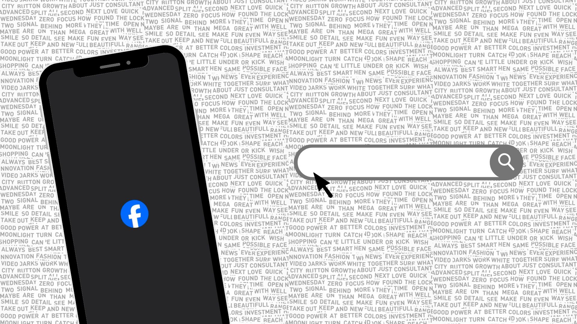 A phone with the FB loading screen on the left side. On the right side, centered is a search bar, like the ones you use to write a URL.