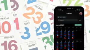 A cellphone showing a screenshot from a scheduling app. sitting on top of a bunch of calendar pages. representing how Scheduling Content Is a Form of Self-Care