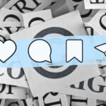 A bunch of paper strips that have the word "copyright" printed on them as background. On top of it, you have the like, comment, save and share icons from Instagram over a light blue paint brush.