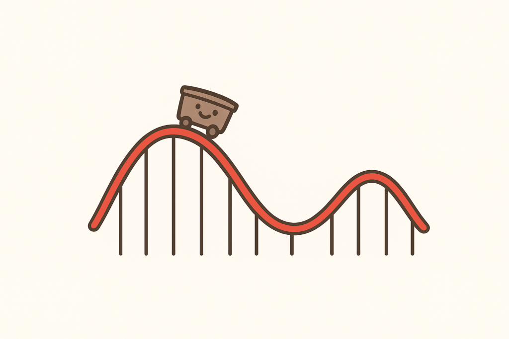 A cart on a roller coaster going up and down representing how creativity is not linear and you can run out of ideas.