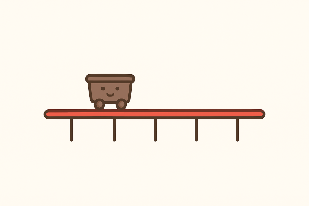 A cart on a plain road. Very boring rollercoaster representing how creativity is not linear and you can get out of ideas.