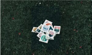 A bunch of stickers, thrown on the grass. A depiction of the Stcikergate saga.