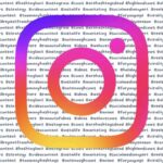 The Instagram logo on a white background full of hashtags, representing the upcoming changes to the Instagram Algorithm and how it treats hashtags.