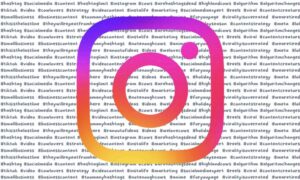 The Instagram logo on a white background full of hashtags, representing the upcoming changes to the Instagram Algorithm and how it treats hashtags.