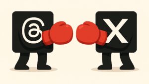 Literally the logos of Threads and Twitter, now X, on a boxing fight.