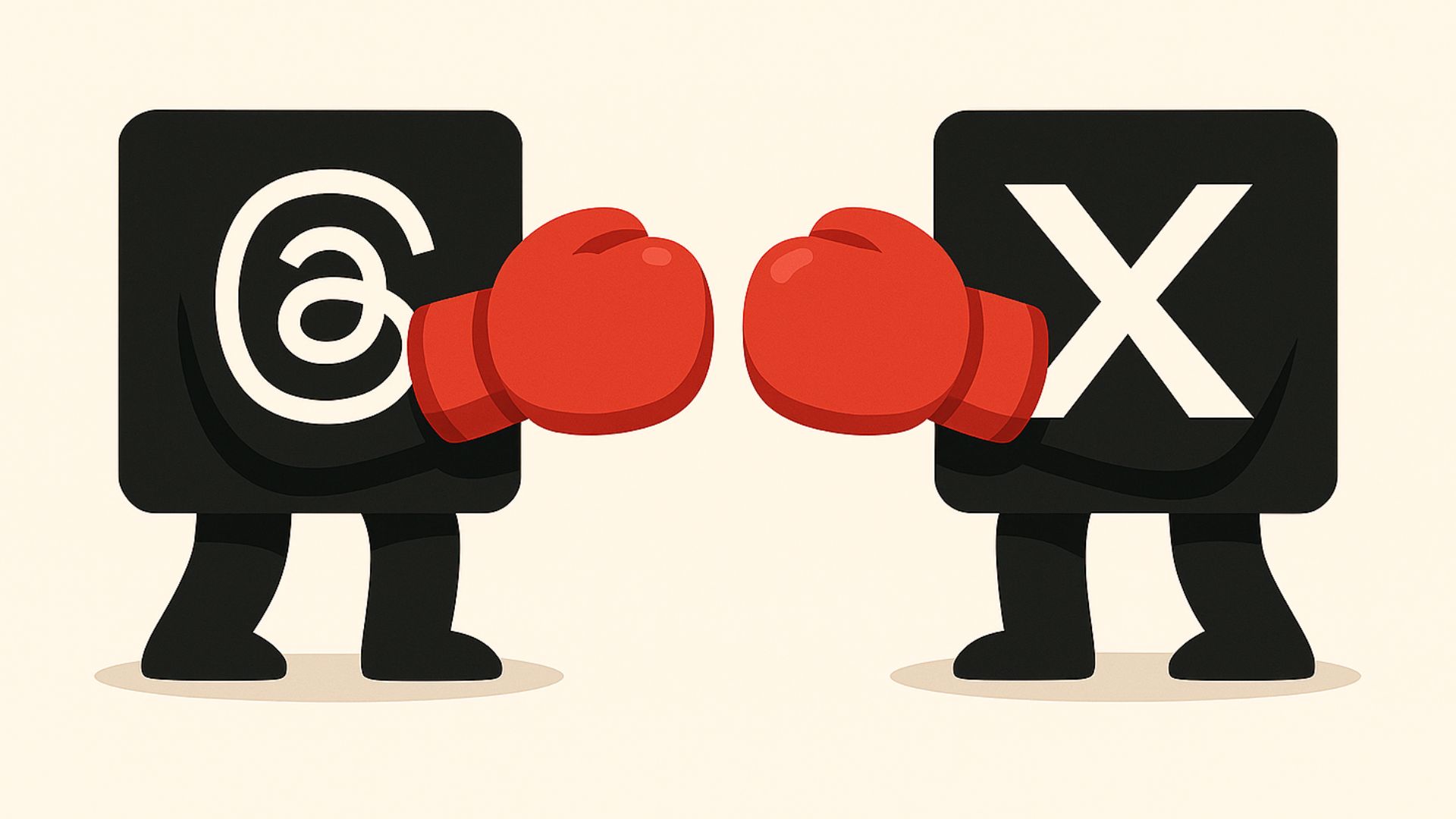 Literally the logos of Threads and Twitter, now X, on a boxing fight.