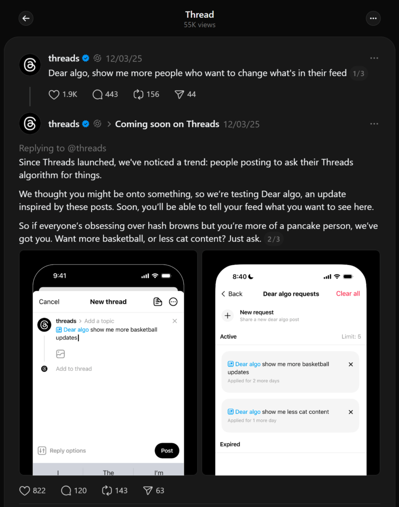 A Screenshot from Threads where they announced they will test the "Dear Algo" as a feature.