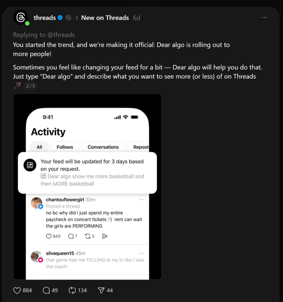 A Screenshot of a Threads post were Threads announces the Dear Algo Feature becoming official.