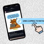 A Phone showing a post form our Instagram feed. On top there is a URL sticker and a finger clicking on it to symbolize clickable links potentially coming to IG.