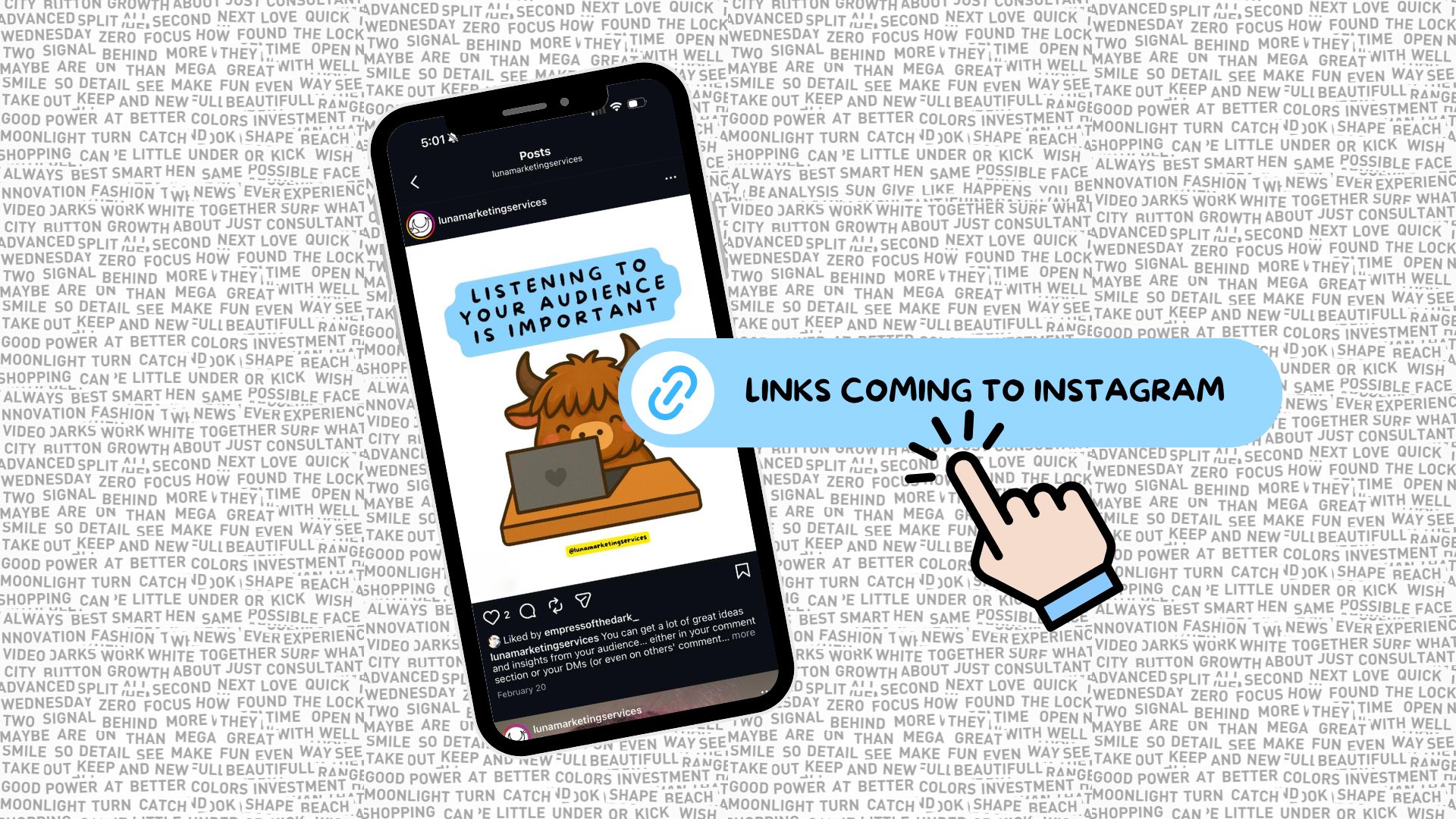 A Phone showing a post form our Instagram feed. On top there is a URL sticker and a finger clicking on it to symbolize clickable links potentially coming to IG.
