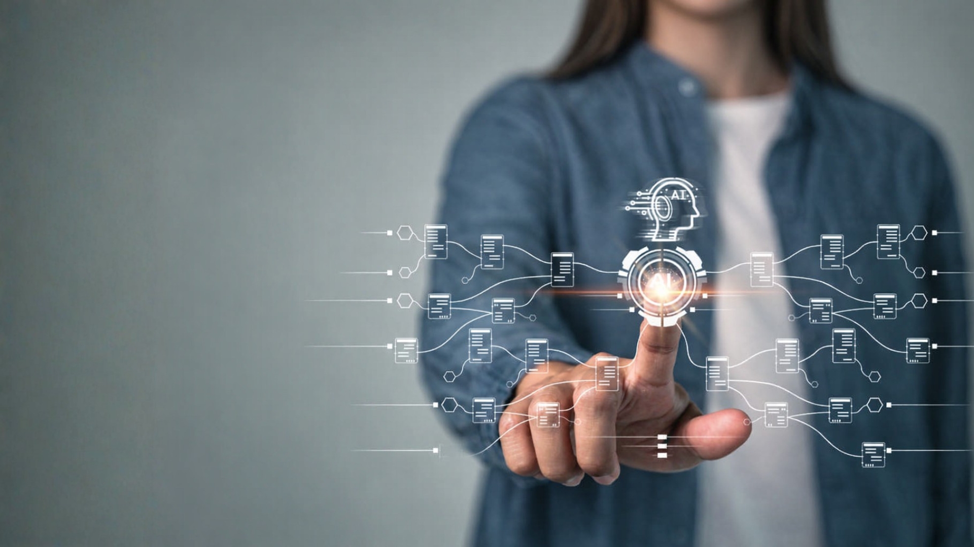 A woman, touching a holographic screen representing someone trying to control the algorithm. The algorithm hates you.