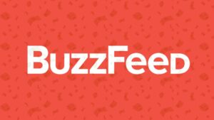 The logo of BuzzFeed with some bills in the background, falling. Representing the sale of the platform.