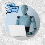 A Robot in front of a laptop as it was writing something. The background is a bunch of unreadable text representing AI Slop online.
