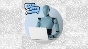 A Robot in front of a laptop as it was writing something. The background is a bunch of unreadable text representing AI Slop online.